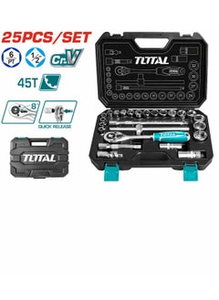 توتال TOTAL مجموعة مقابس 25 قطعة مقاس 1/2 بوصة، مفتاح ربط بسقاطة 72T، فولاذ Cr-V، تتضمن مقابس وقضبان تمديد ومآخذ توصيل شرارة ومفصل عالمي - مطلي بالكروم، ومعالج بالحرارة للاستخدام التلقائي والمنزلي  - Image 1