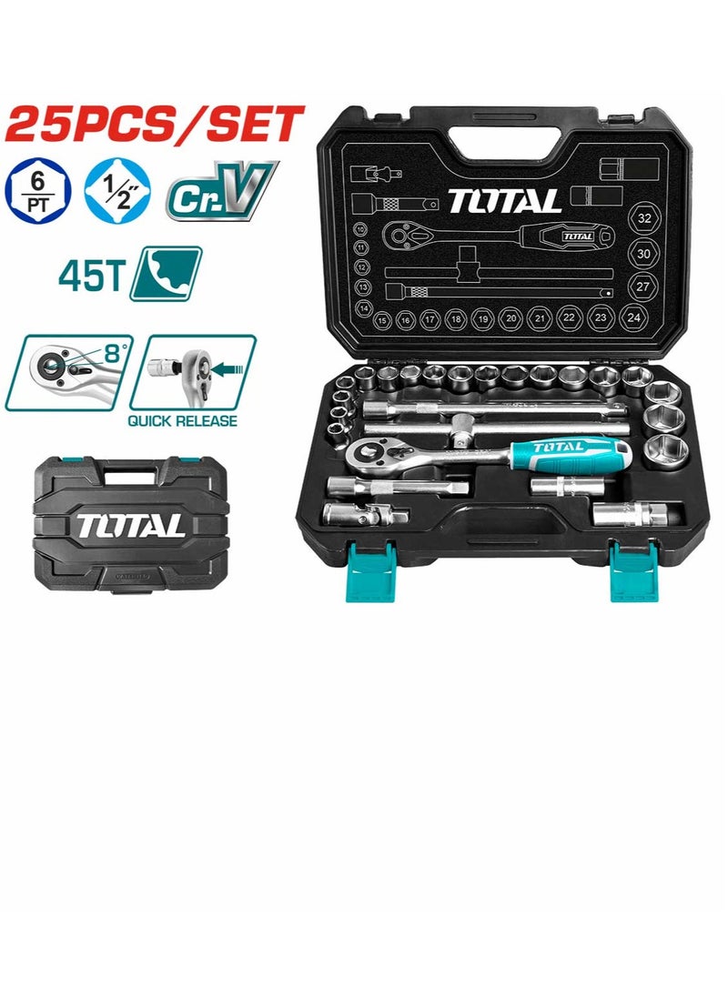 توتال - TOTAL مجموعة مقابس 25 قطعة مقاس 1/2 بوصة، مفتاح ربط بسقاطة 72T، فولاذ Cr-V، تتضمن مقابس وقضبان تمديد ومآخذ توصيل شرارة ومفصل عالمي - مطلي بالكروم، ومعالج بالحرارة للاستخدام التلقائي والمنزلي - Image 1