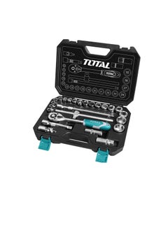 توتال TOTAL مجموعة مقابس 25 قطعة مقاس 1/2 بوصة، مفتاح ربط بسقاطة 72T، فولاذ Cr-V، تتضمن مقابس وقضبان تمديد ومآخذ توصيل شرارة ومفصل عالمي - مطلي بالكروم، ومعالج بالحرارة للاستخدام التلقائي والمنزلي  - Image 2