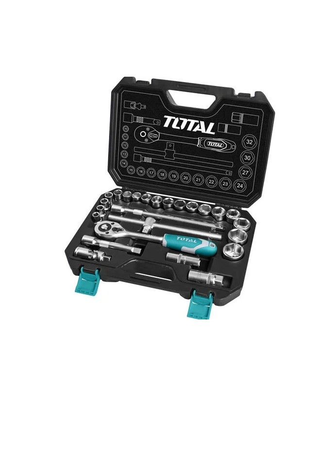 توتال - TOTAL مجموعة مقابس 25 قطعة مقاس 1/2 بوصة، مفتاح ربط بسقاطة 72T، فولاذ Cr-V، تتضمن مقابس وقضبان تمديد ومآخذ توصيل شرارة ومفصل عالمي - مطلي بالكروم، ومعالج بالحرارة للاستخدام التلقائي والمنزلي - Image 1