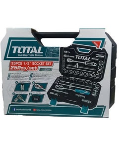توتال TOTAL مجموعة مقابس 25 قطعة مقاس 1/2 بوصة، مفتاح ربط بسقاطة 72T، فولاذ Cr-V، تتضمن مقابس وقضبان تمديد ومآخذ توصيل شرارة ومفصل عالمي - مطلي بالكروم، ومعالج بالحرارة للاستخدام التلقائي والمنزلي  - Image 3
