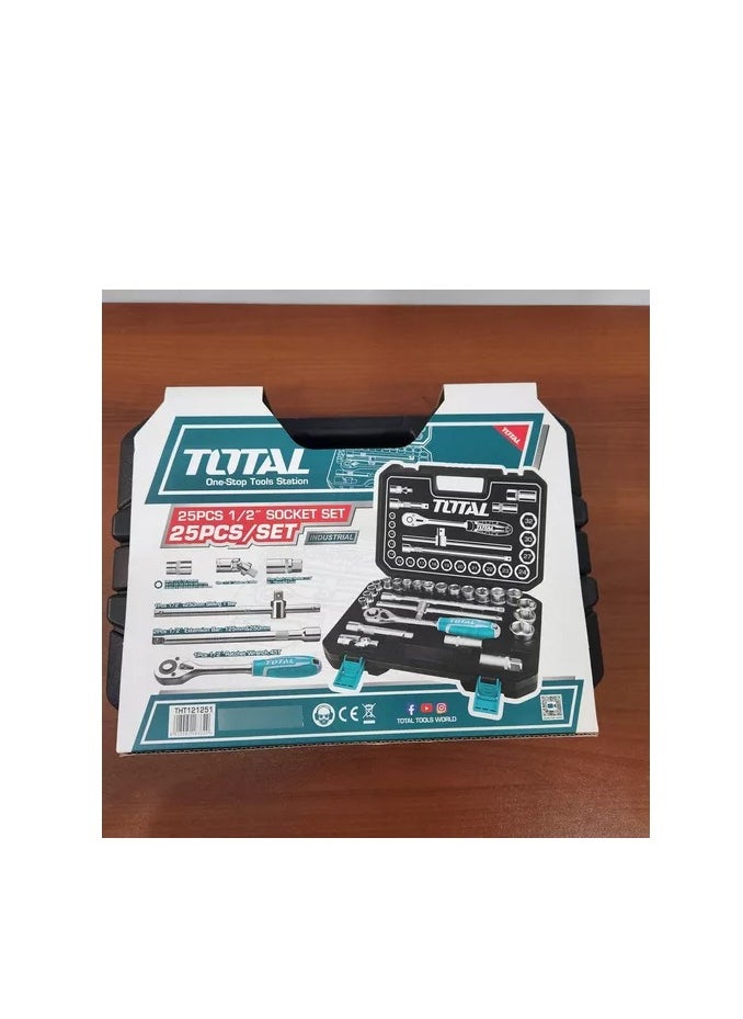 توتال - TOTAL مجموعة مقابس 25 قطعة مقاس 1/2 بوصة، مفتاح ربط بسقاطة 72T، فولاذ Cr-V، تتضمن مقابس وقضبان تمديد ومآخذ توصيل شرارة ومفصل عالمي - مطلي بالكروم، ومعالج بالحرارة للاستخدام التلقائي والمنزلي - Image 1