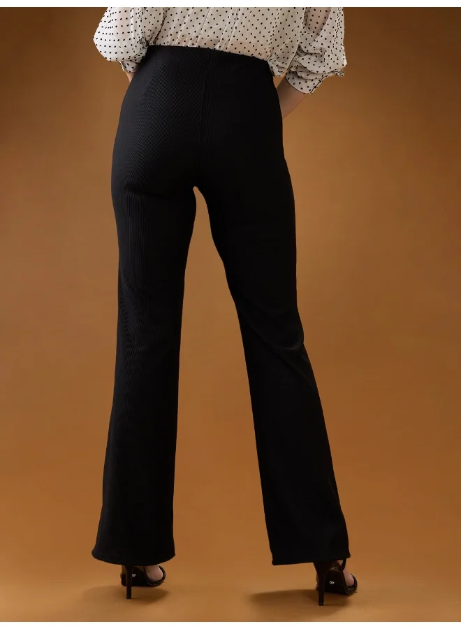globus Women Black Striped Mid Rise Straight Fit Trousers