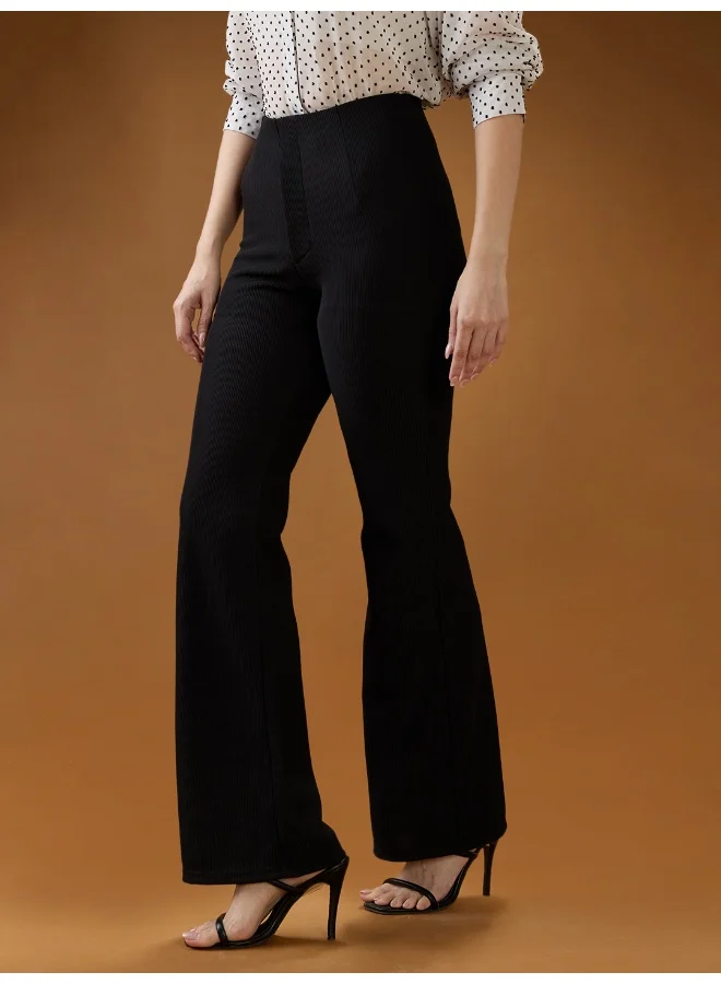 globus Women Black Striped Mid Rise Straight Fit Trousers
