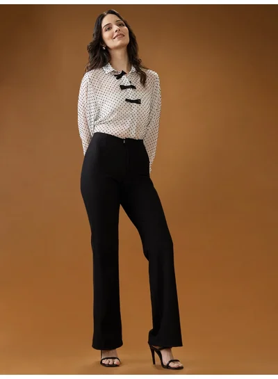 globus Women Black Striped Mid Rise Straight Fit Trousers