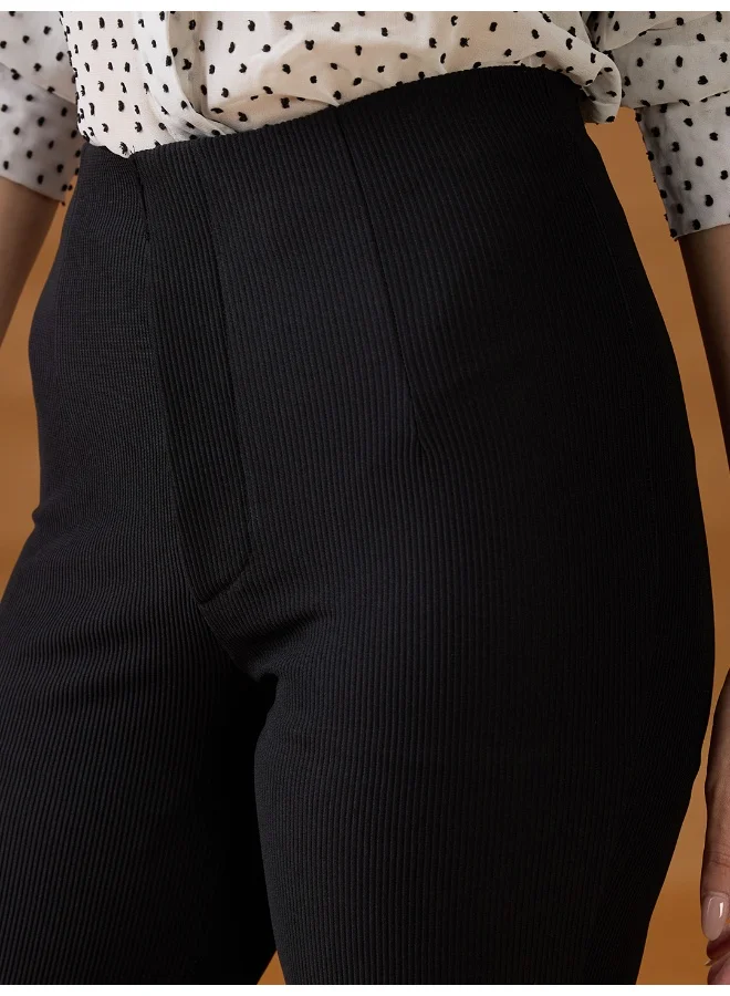 globus Women Black Striped Mid Rise Straight Fit Trousers