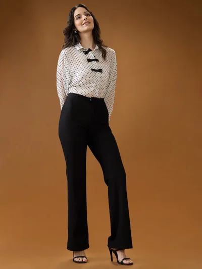 globus Globus Women Black Striped Mid Rise Straight Fit Trousers