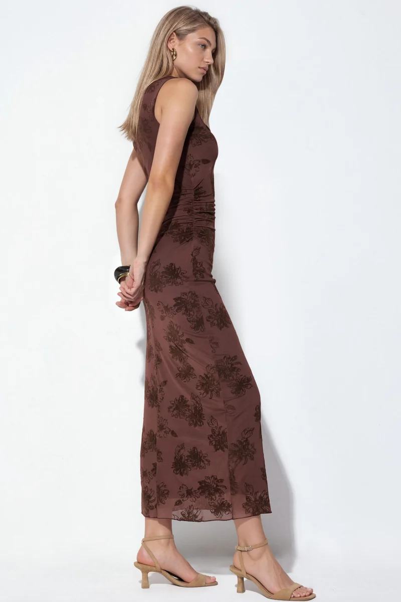 Hiccup Dark Mocha Brown Square Neck Tulle Midi Dress for Women | Best Price UAE