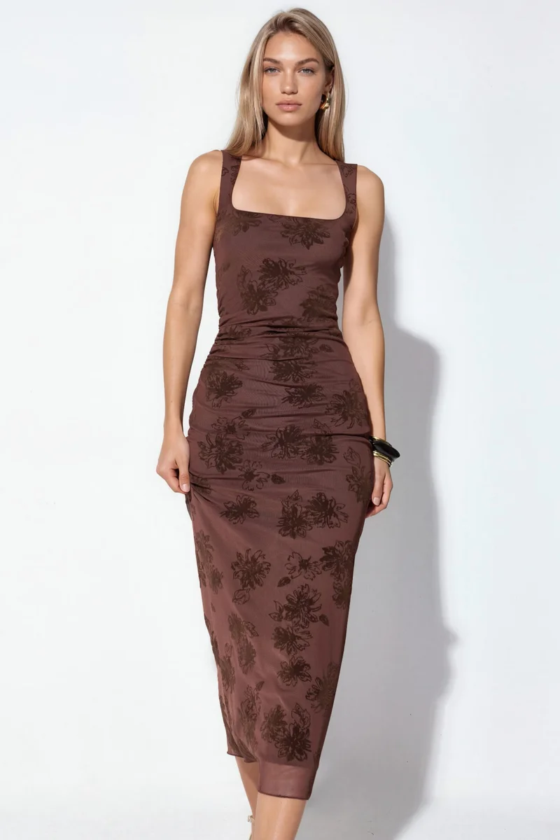Hiccup Dark Mocha Brown Square Neck Tulle Midi Dress for Women | Best Price UAE