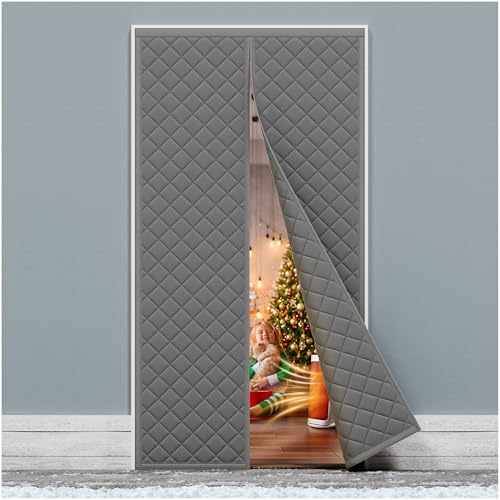 HADOR ستارة باب حرارية مغناطيسية HADOR تناسب حجم الباب 40" × 83"، قماش أكسفورد مبطن بحشوة قطن سميك، غطاء شتوي يحافظ على برودة الهواء، عزل بطانية لأبواب الباتيو الأمامية باللون الرمادي - Image 1