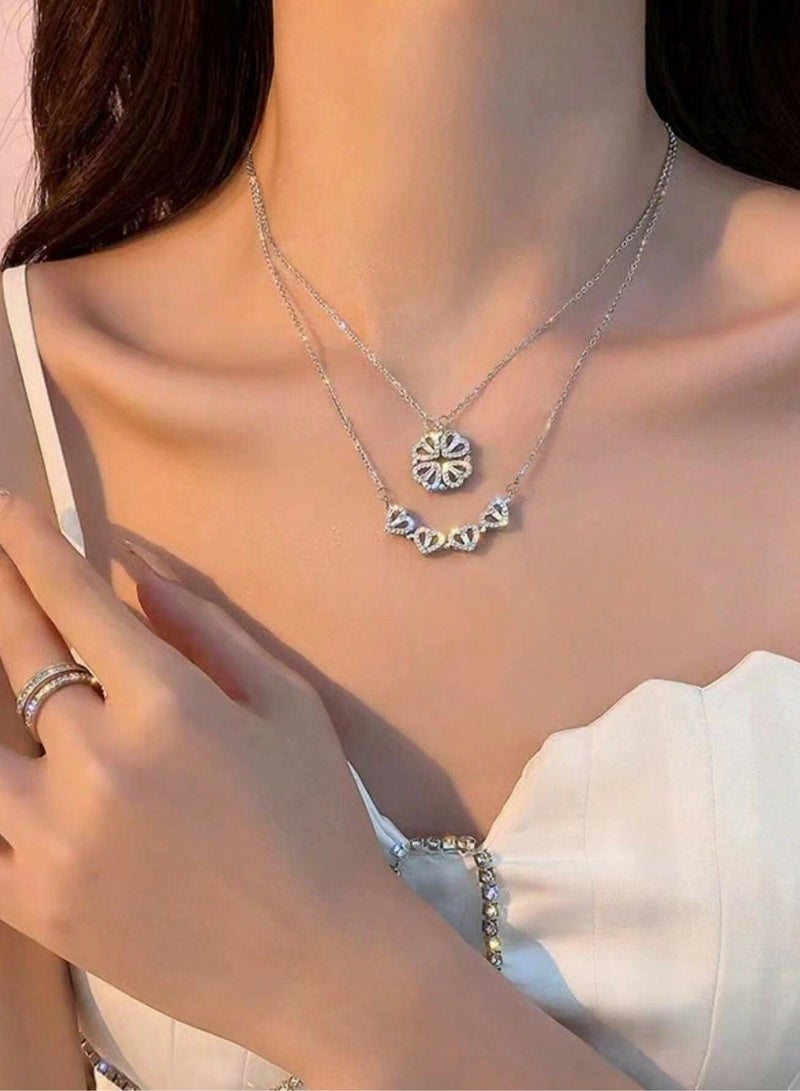 925 ستيرلنغ سيلفر تشارمز سلسال بقلادة فاخرة على شكل وردة رباعية مقسمة إلى قلوب ناعمة يمكن ارتداؤها بطريقتين مصنوعة بجودة عالية ودقة شديدة من الفضة الإسترلينية عيار 925 مزينة بكريستال طبيعي من حجر الزيركون ليزين عنقك - Image 1