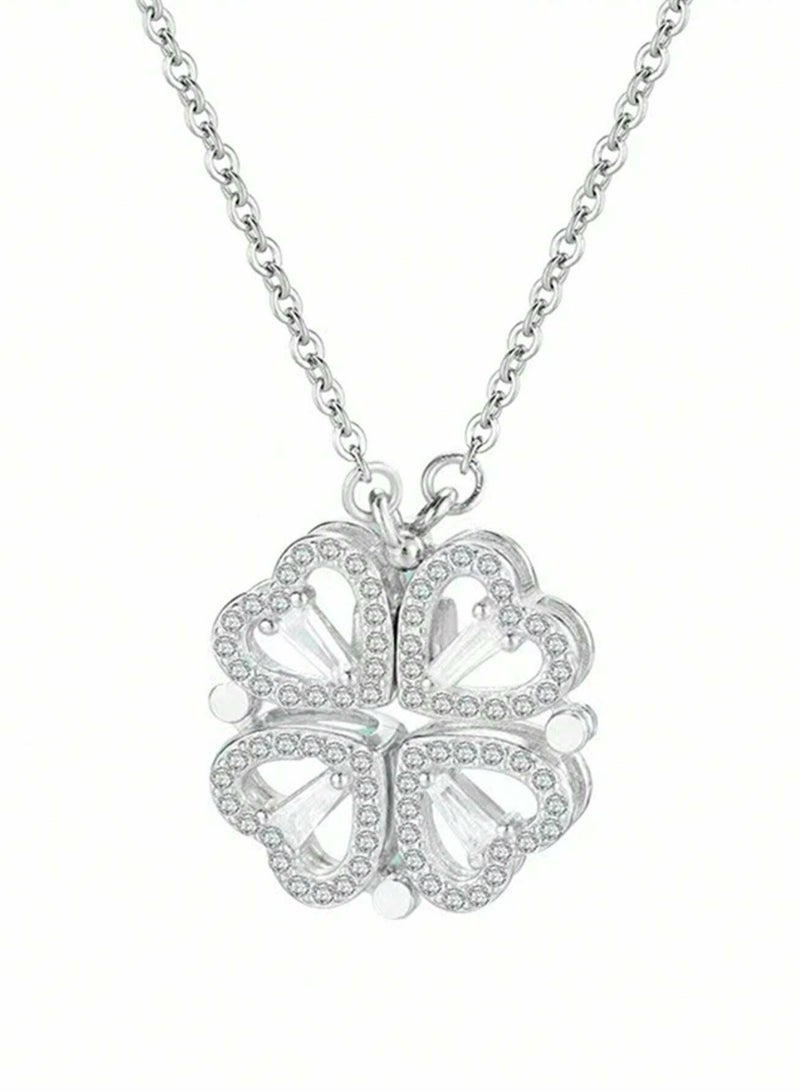 925 ستيرلنغ سيلفر تشارمز سلسال بقلادة فاخرة على شكل وردة رباعية مقسمة إلى قلوب ناعمة يمكن ارتداؤها بطريقتين مصنوعة بجودة عالية ودقة شديدة من الفضة الإسترلينية عيار 925 مزينة بكريستال طبيعي من حجر الزيركون ليزين عنقك - Image 4