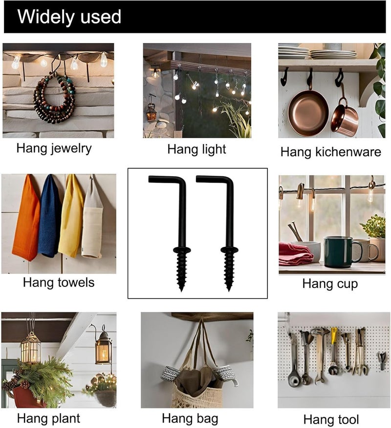 IDEALSV 2 Inch 1 Shape Screw Hooks L Shape Hook 7 Shape Screw in Hooks Black 20 Pcs - Image 3