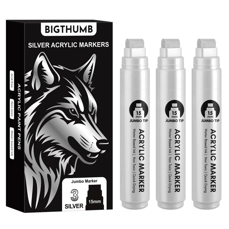 BIGTHUMB 3 Pcs Silver Jumbo Permanent Markers 15mm Wide Tip Thick Acrylic Paint Pen Large Calligraphy Marker for Rock Painting Poster Sign Canvas Glass Wood Ceramic