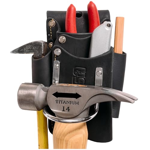 FESA Small Leather Tool Pouch 5in1 Heavy Top Grain Leather Small Tool Pouch with a Steel Hammer Loop 4 Pockets Reinforced Heavy Duty Rivets Fits Belts up to 3 Handcrafted Black - Image 1