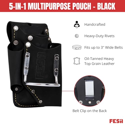 FESA Small Leather Tool Pouch 5in1 Heavy Top Grain Leather Small Tool Pouch with a Steel Hammer Loop 4 Pockets Reinforced Heavy Duty Rivets Fits Belts up to 3 Handcrafted Black - Image 3