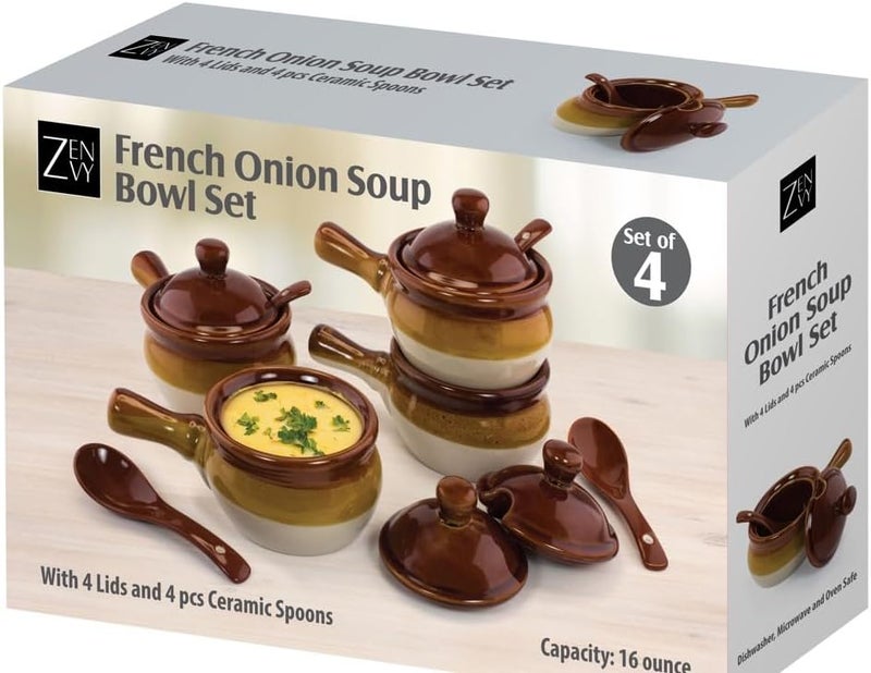 ZENVY French Onion Soup Bowl Set of 4 Ceramic Soup Bowls Lids and Spoons 16 Ounce - Image 5