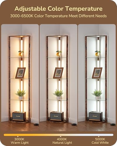 EDISHINE Corner Shelf with Light, 5-Tier Glass Display Shelf with Remote/Foot Control, 3CCT & Dimmable Corner Lamp, Open Display Cabinet, Standing Lamp for Living Room, Bedroom, Flamewood Color - Image 5
