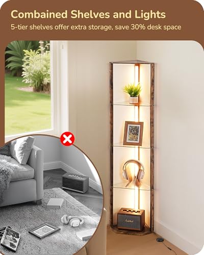 EDISHINE Corner Shelf with Light, 5-Tier Glass Display Shelf with Remote/Foot Control, 3CCT & Dimmable Corner Lamp, Open Display Cabinet, Standing Lamp for Living Room, Bedroom, Flamewood Color - Image 4