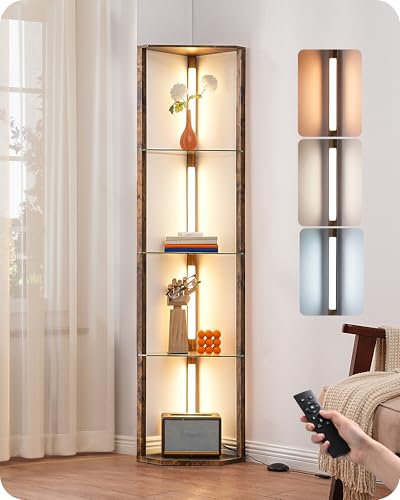 EDISHINE Corner Shelf with Light, 5-Tier Glass Display Shelf with Remote/Foot Control, 3CCT & Dimmable Corner Lamp, Open Display Cabinet, Standing Lamp for Living Room, Bedroom, Flamewood Color - Image 1