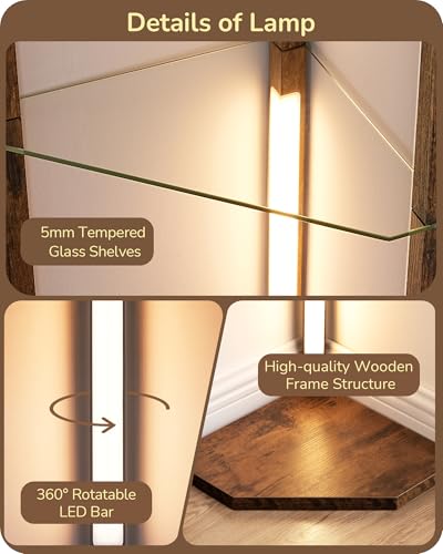 EDISHINE Corner Shelf with Light, 5-Tier Glass Display Shelf with Remote/Foot Control, 3CCT & Dimmable Corner Lamp, Open Display Cabinet, Standing Lamp for Living Room, Bedroom, Flamewood Color - Image 2
