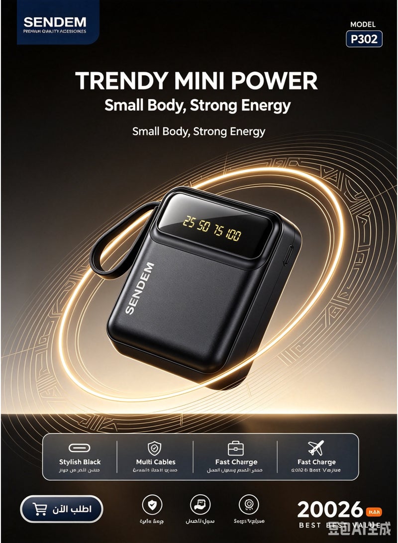 SENDEM P302 10000mAh Mini Power Bank with 4 Built-in Charging Cables and Digital Display. - Image 2