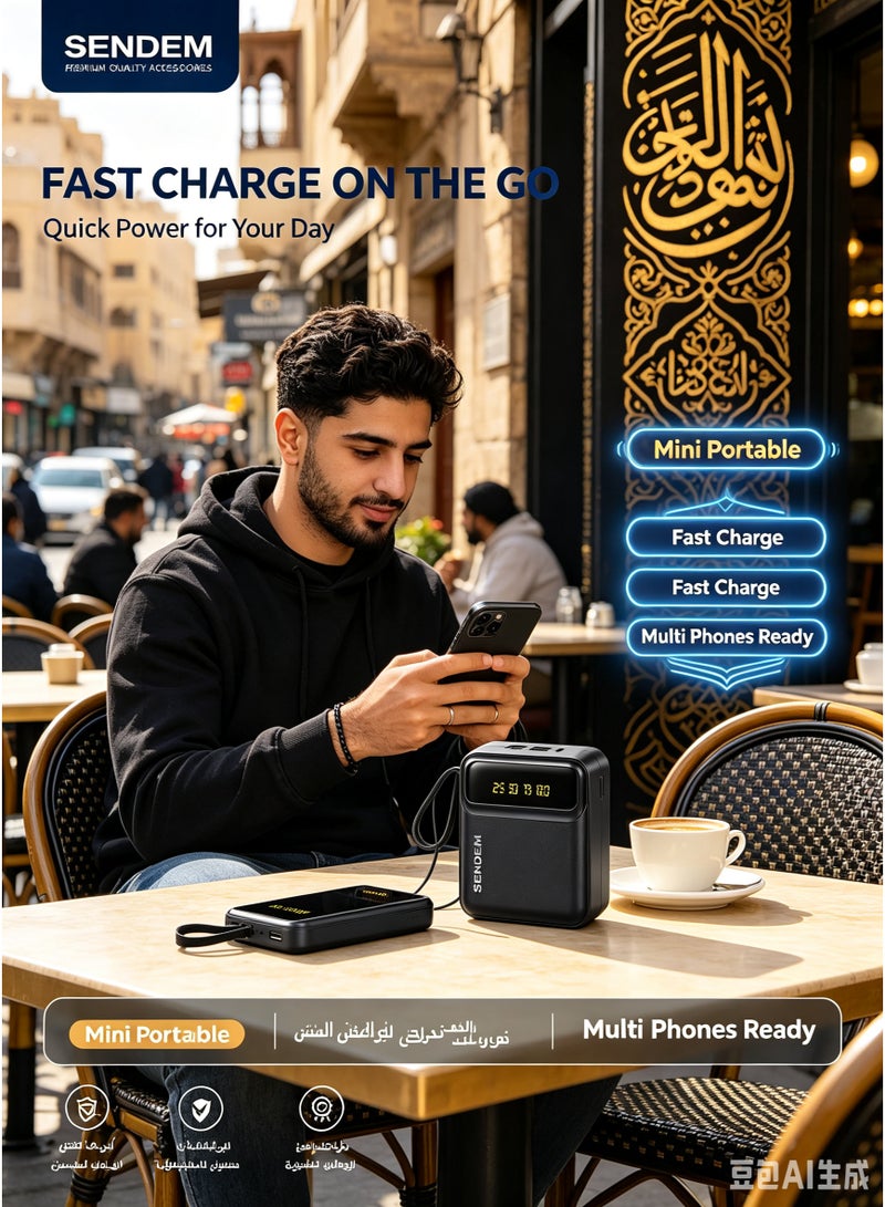 SENDEM P302 10000mAh Mini Power Bank with 4 Built-in Charging Cables and Digital Display. - Image 3