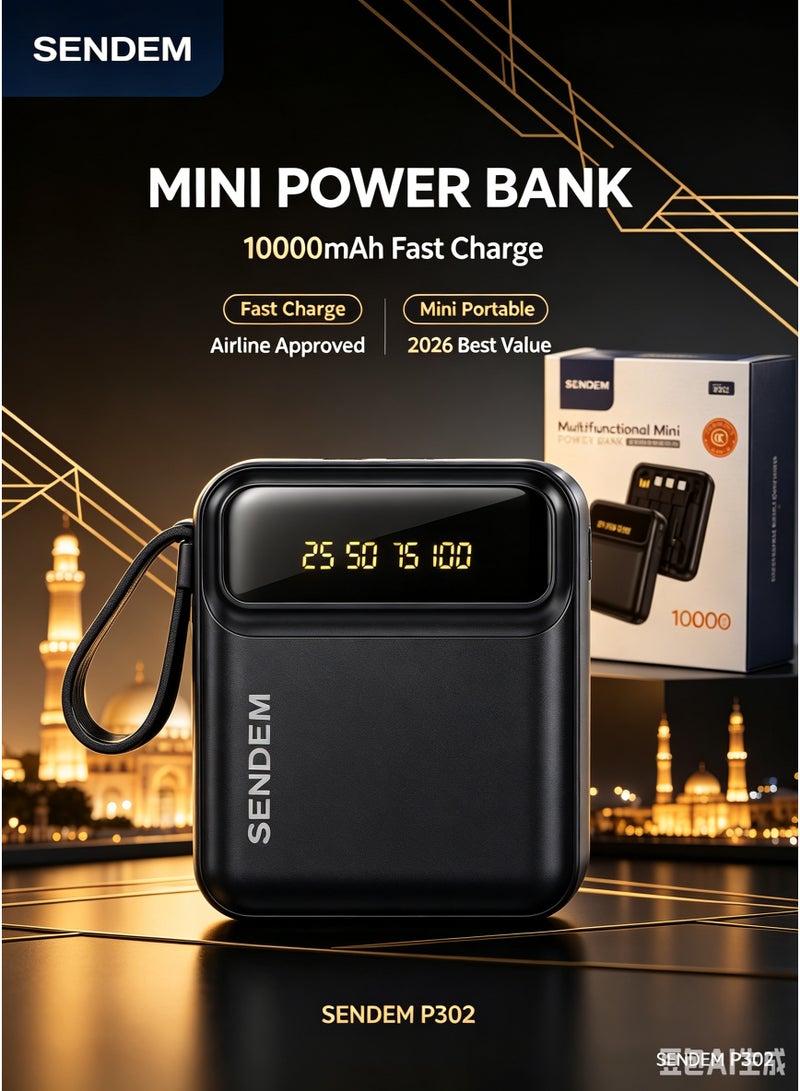 SENDEM P302 10000mAh Mini Power Bank with 4 Built-in Charging Cables and Digital Display. - Image 1
