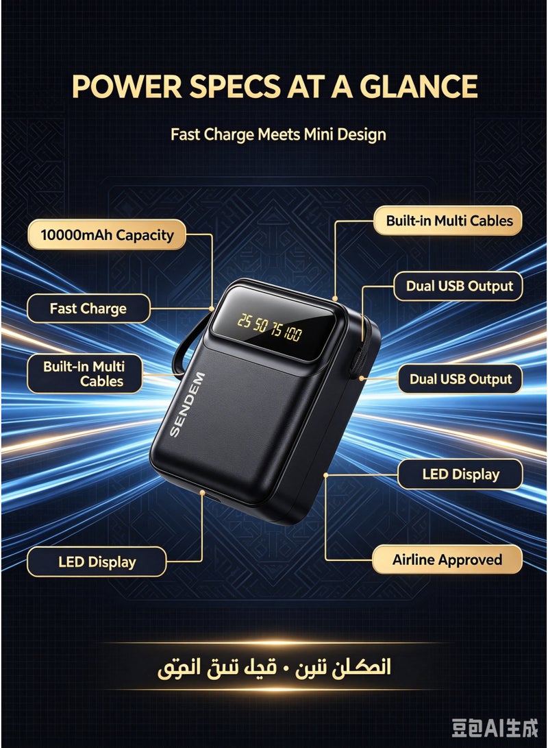 SENDEM P302 10000mAh Mini Power Bank with 4 Built-in Charging Cables and Digital Display. - Image 5