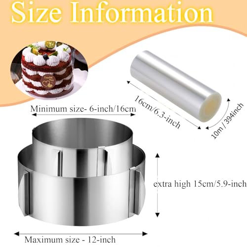 DATANYA Cake Ring Extra High 15cm Acetate Cake Collar Set - Adjustable 6 to12Inch Stainless Steel Round Cake Mousse Molds Baking Ring with 6.3inchx394inch Clear Acetate Sheets Cake Roll for Pastry, Cake Decor - Image 2