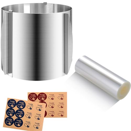 DATANYA Cake Ring Extra High 15cm Acetate Cake Collar Set - Adjustable 6 to12Inch Stainless Steel Round Cake Mousse Molds Baking Ring with 6.3inchx394inch Clear Acetate Sheets Cake Roll for Pastry, Cake Decor - Image 1