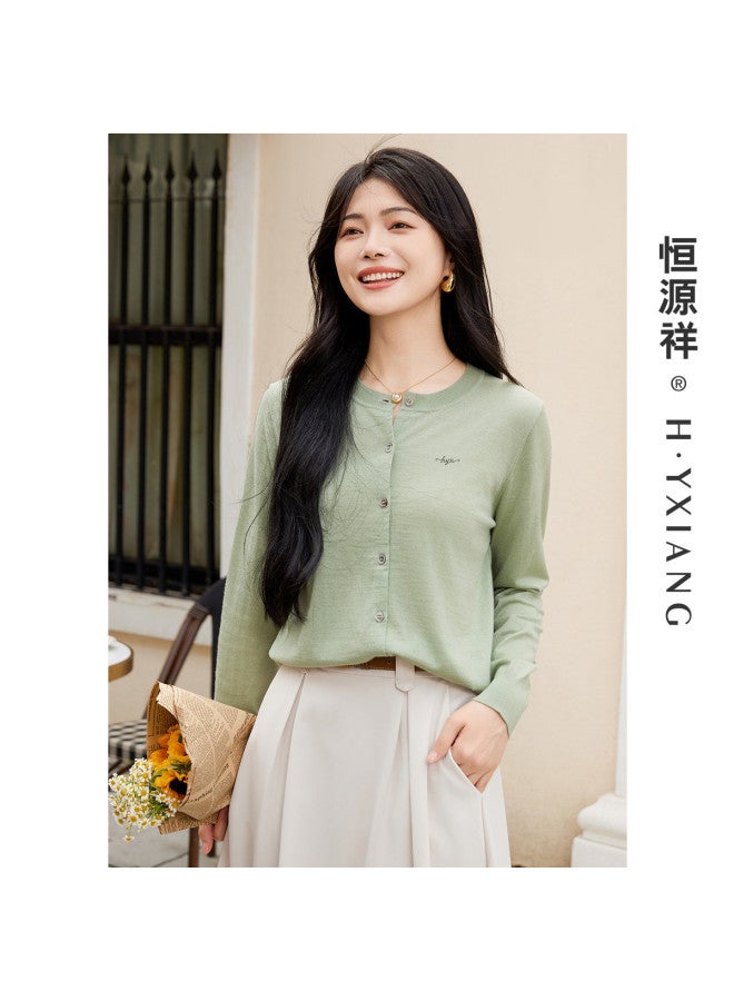 Hengyuanxiang Machine Washablewomen'S Wool Cardigan Round Neck Autumn Winter Solid Color Knitted Top Thin Layer - Image 2