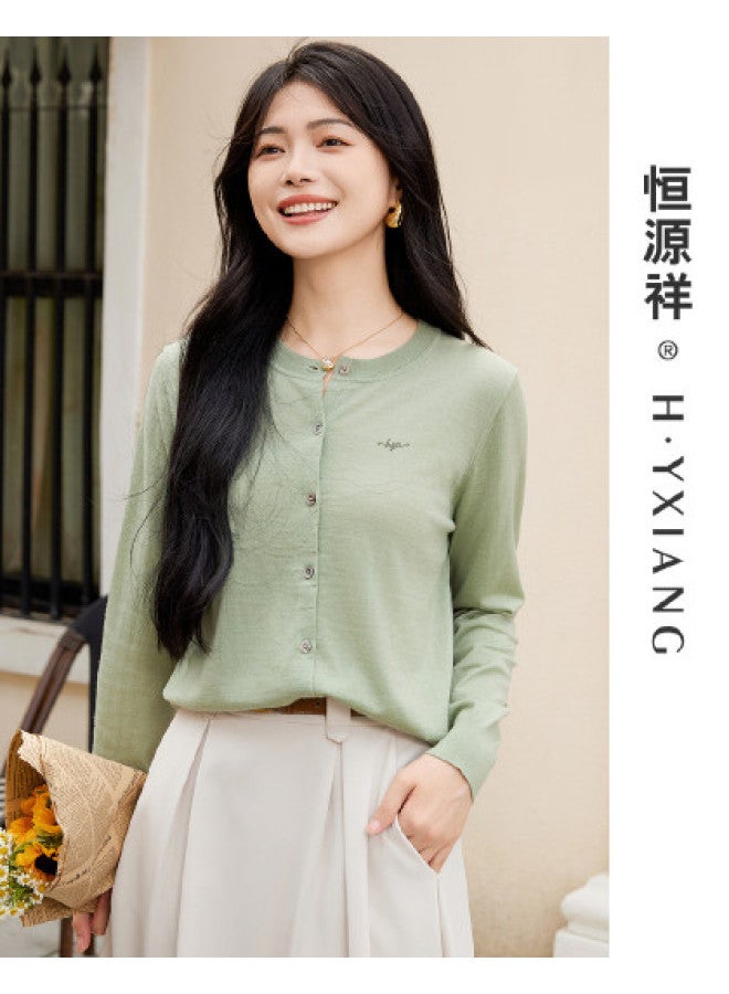 Hengyuanxiang Machine Washablewomen'S Wool Cardigan Round Neck Autumn Winter Solid Color Knitted Top Thin Layer - Image 1