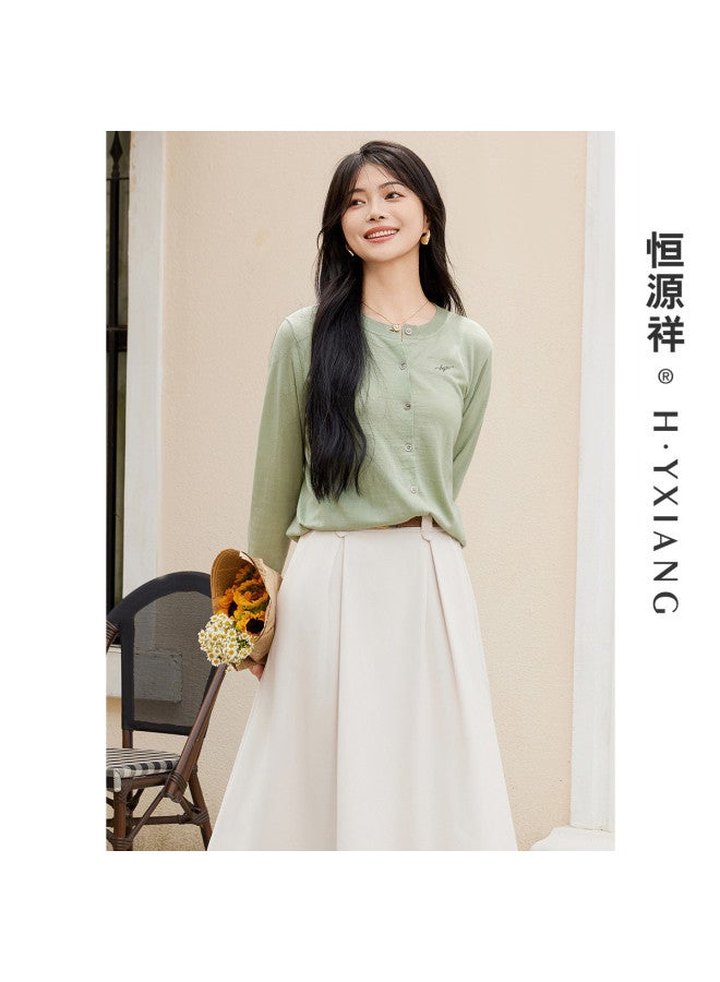 Hengyuanxiang Machine Washablewomen'S Wool Cardigan Round Neck Autumn Winter Solid Color Knitted Top Thin Layer - Image 3