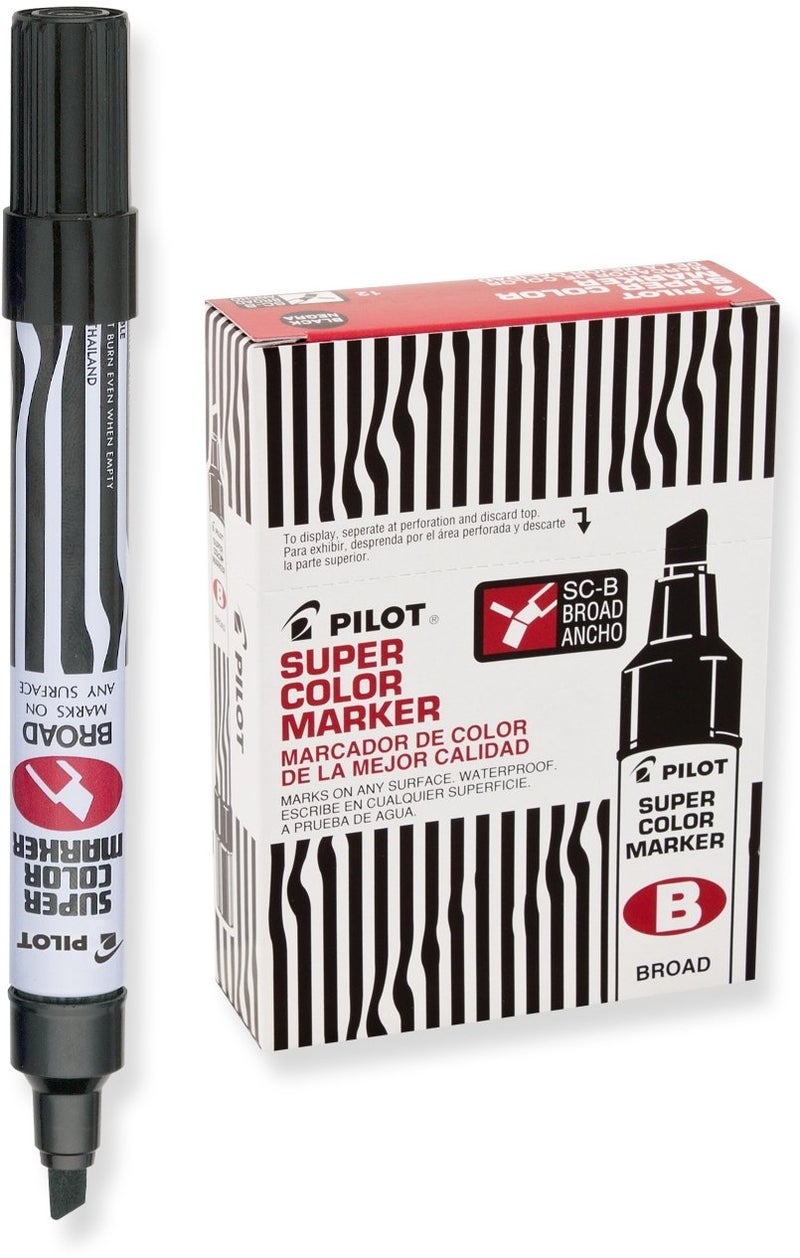 PILOT Super Color Refillable Permanent Markers, Black Ink, Broad Chisel Point, 12-Pack (44100) - Image 1