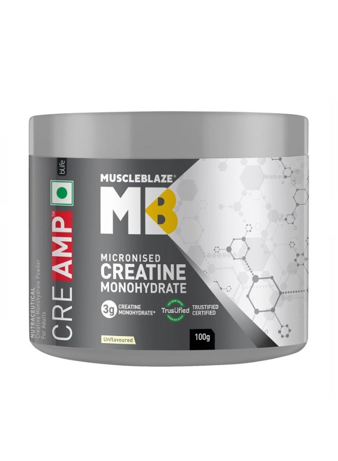مسل بلايز مسحوق MuscleBlaze Micronised Creatine Monohydrate CreAMP، غير مُنكَّه (32 حصة، 100 جم) | كرياتين معتمد من Trustified - Image 1