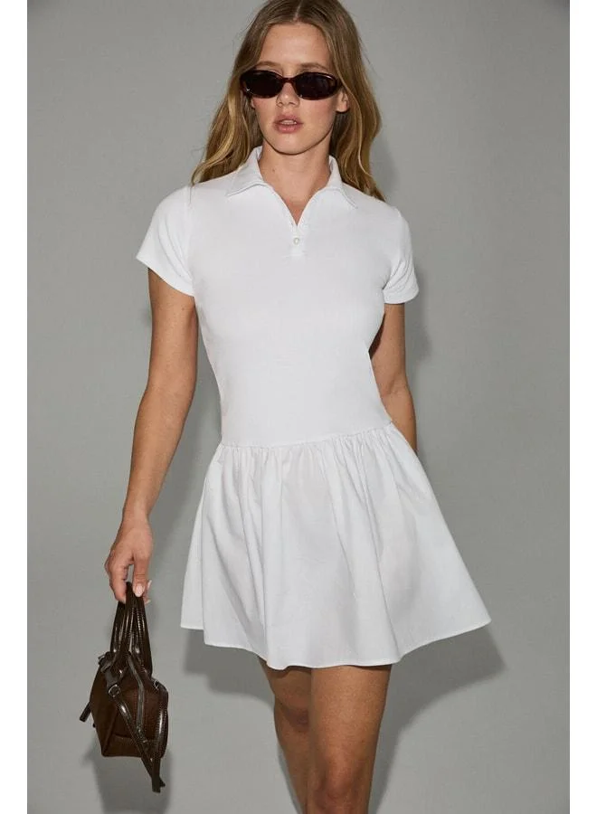GRIMELANGE HELLYON Women's Top with Stretch Fabric Skirt Poplin Polo Collar White Dress.