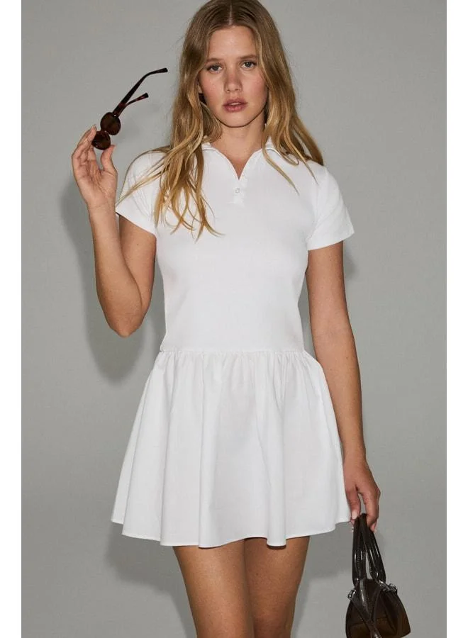 GRIMELANGE HELLYON Women's Top with Stretch Fabric Skirt Poplin Polo Collar White Dress.