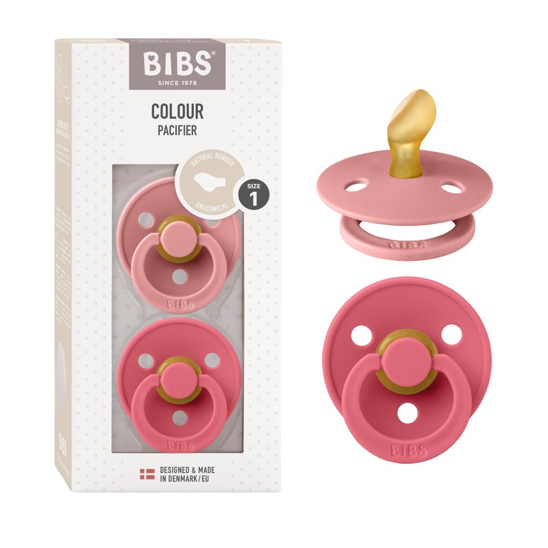 BIBS Pacifiers 0-6 Months | Colour Collection 2-Pack | BPA-Free Anatomical Natural Rubber Nipple | Made in Denmark | Dusty Pink/Coral Color Pacifier - Image 1