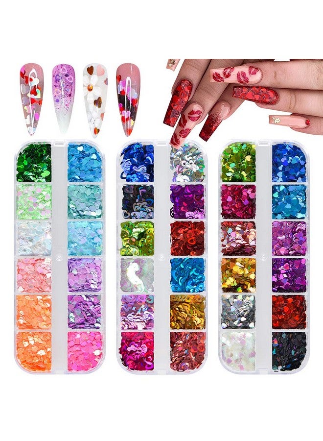 EBANKU 36 Colors Heart Glitter Nail Art Sequins, EBANKU Holographic Heart Shaped Nail Sequin Laser Heart Nail Art Flake Glitter Decals for Valentine's Day Face Eyes Nail Art Decoration DIY Craft (3 Boxes) - Image 1