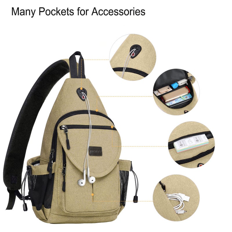 MOSISO Sling Backpack,Canvas Crossbody Hiking Daypack Bag with Anti-theft Pocket, Khaki - Image 3