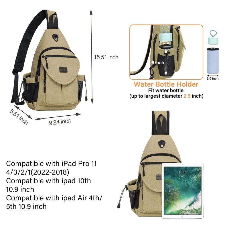 MOSISO Sling Backpack,Canvas Crossbody Hiking Daypack Bag with Anti-theft Pocket, Khaki - Image 2