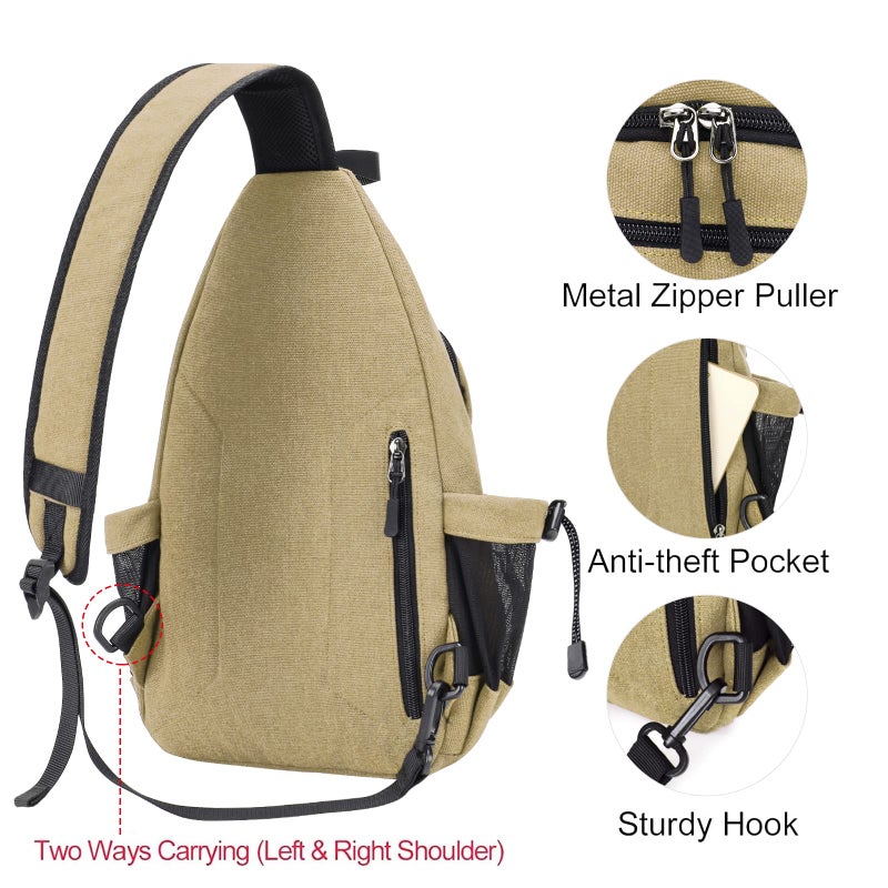 MOSISO Sling Backpack,Canvas Crossbody Hiking Daypack Bag with Anti-theft Pocket, Khaki - Image 5