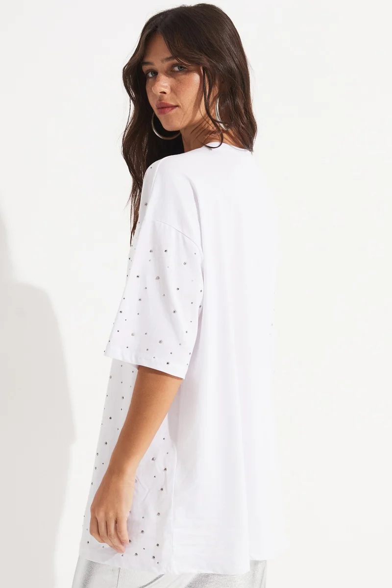جون Women's Crew Neck Stone Detailed Oversize Cotton T-Shirt