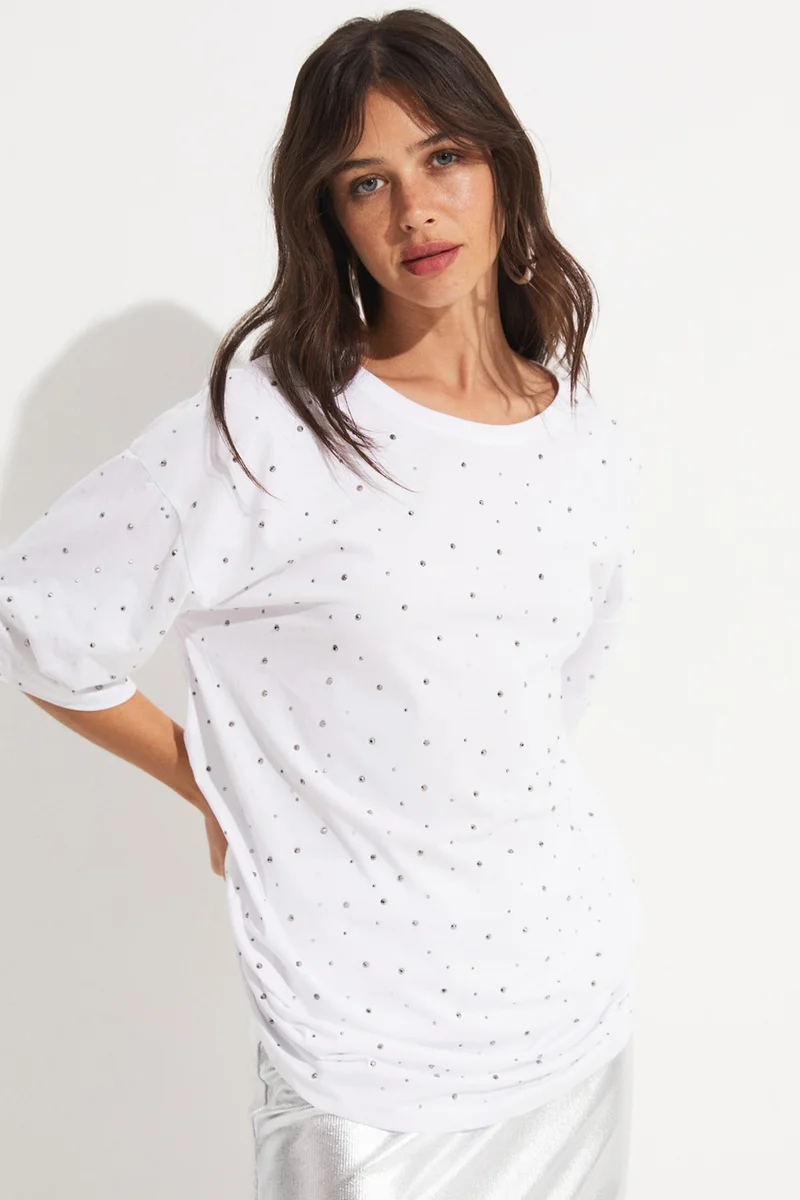 جون Women's Crew Neck Stone Detailed Oversize Cotton T-Shirt