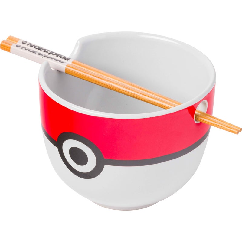 Silver Buffalo Pokemon Pokeball Ceramic Ramen Noodle Bowl with Chopsticks Microwave Safe 20 Ounces