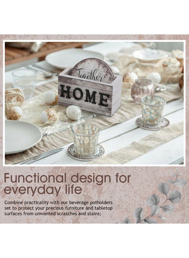 Queekay Coasters Set of 6 House Warming Gifts New Home Wooden Farmhouse Drink Coasters with Holder 4'' Funny Decoration for Kitchen Family Coffee Bar Tabletop Protection(Rust Color) - Image 5