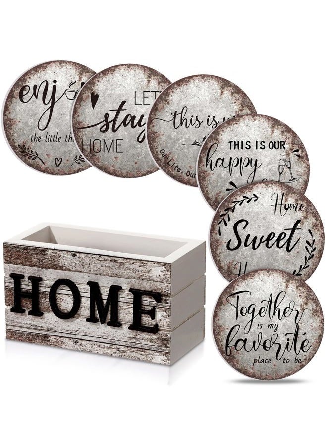 Queekay Coasters Set of 6 House Warming Gifts New Home Wooden Farmhouse Drink Coasters with Holder 4'' Funny Decoration for Kitchen Family Coffee Bar Tabletop Protection(Rust Color) - Image 1