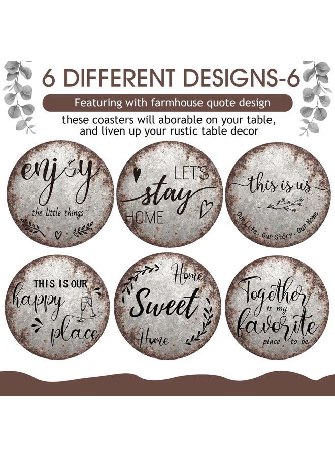 Queekay Coasters Set of 6 House Warming Gifts New Home Wooden Farmhouse Drink Coasters with Holder 4'' Funny Decoration for Kitchen Family Coffee Bar Tabletop Protection(Rust Color) - Image 4