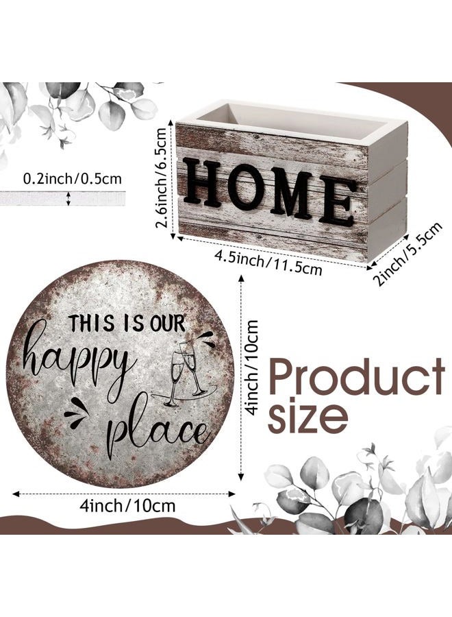 Queekay Coasters Set of 6 House Warming Gifts New Home Wooden Farmhouse Drink Coasters with Holder 4'' Funny Decoration for Kitchen Family Coffee Bar Tabletop Protection(Rust Color) - Image 2